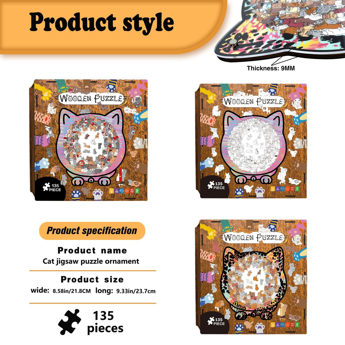 🎁49% OFF🎅135-Piece Morandi-Colored Cat Shaped Tray Wooden Jigsaw Puzzle