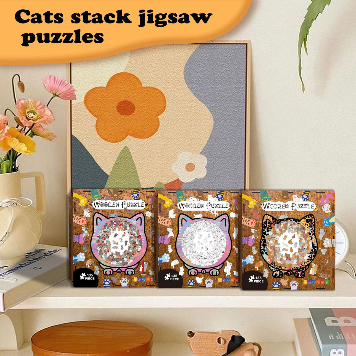 🎁49% OFF🎅135-Piece Morandi-Colored Cat Shaped Tray Wooden Jigsaw Puzzle